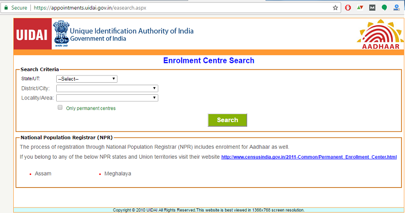 Aadhar Enrolment center search