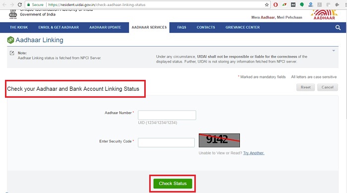 Check your Aadhaar and Bank Account Linking Status