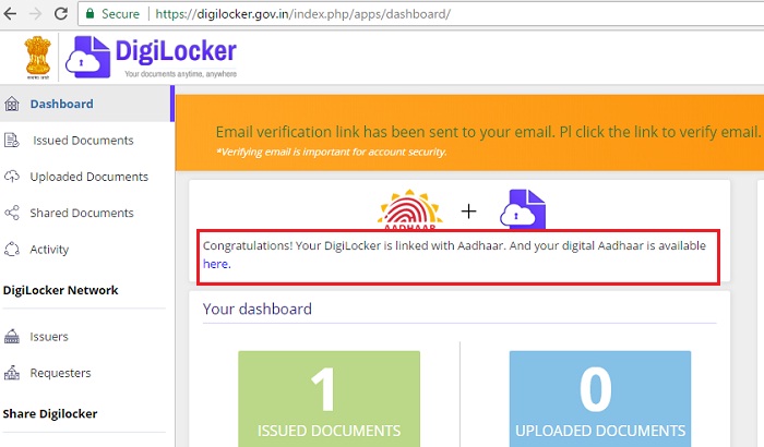 Congratulations! Your DigiLocker is linked with Aadhaar