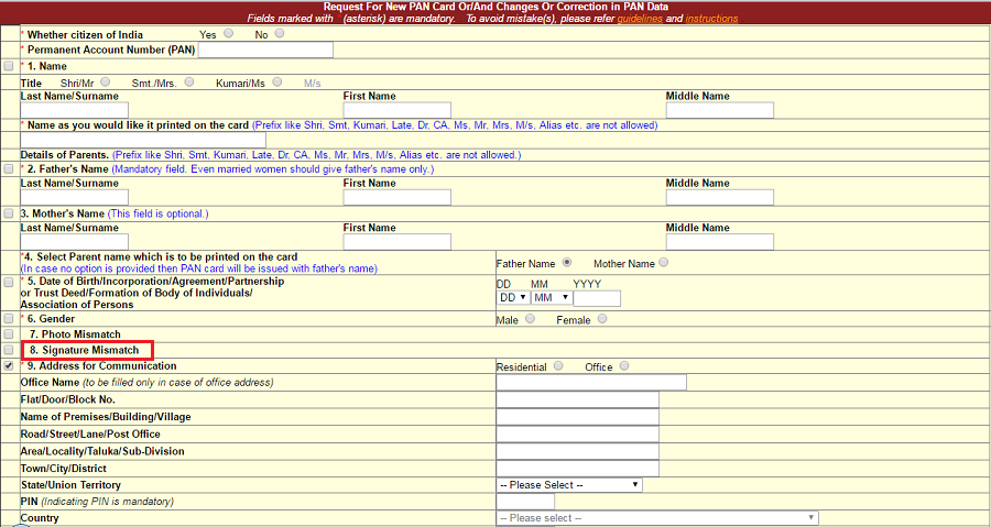 Pan Card Signature Changes Form