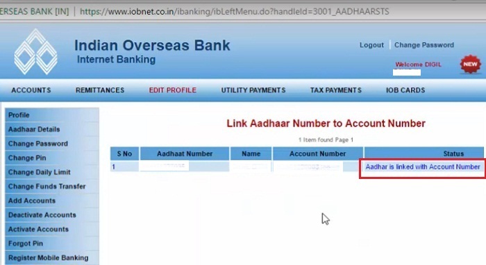 Aadhaar is Linked with IOB Bank Account