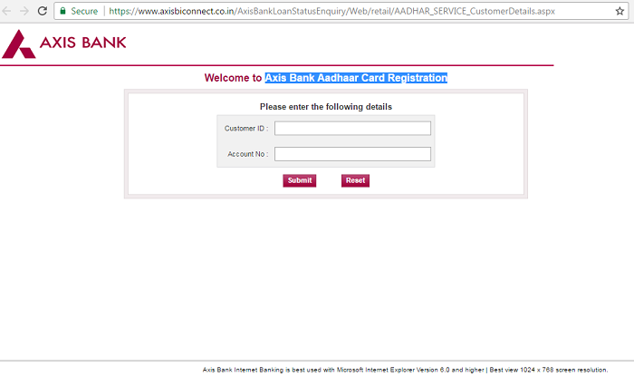 Axis Bank Aadhaar Card Registration Page