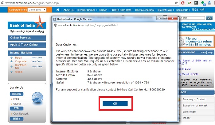 Bank of India Browser Security Update popup page