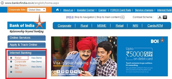 Bank of India Internet Banking Login Page for Aadhar Linking