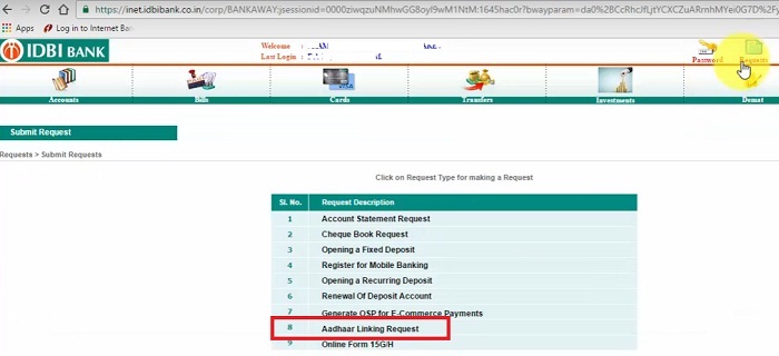 IDBI Aadhaar Linking Request