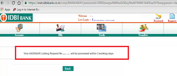 IDBI Aadhaar Linking Successfull