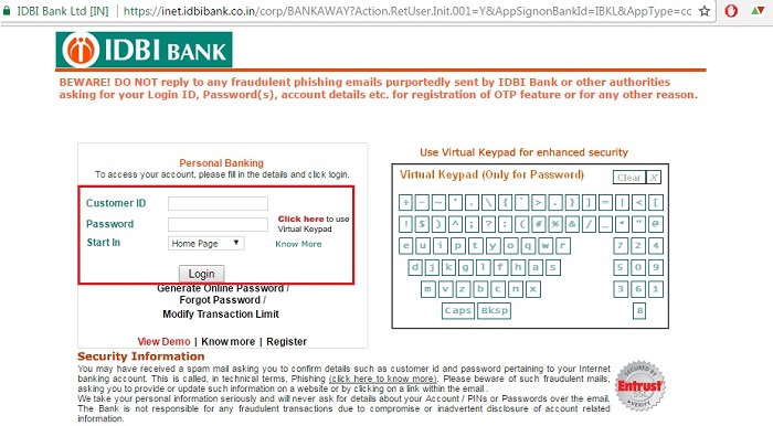 IDBI Net Banking Login Page