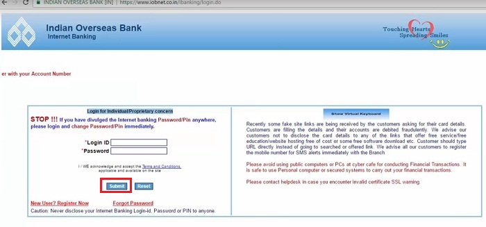 IOB Bank Login Page for Aadhar Seeding