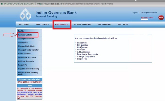 IOB Bank Updating Aadhar Details