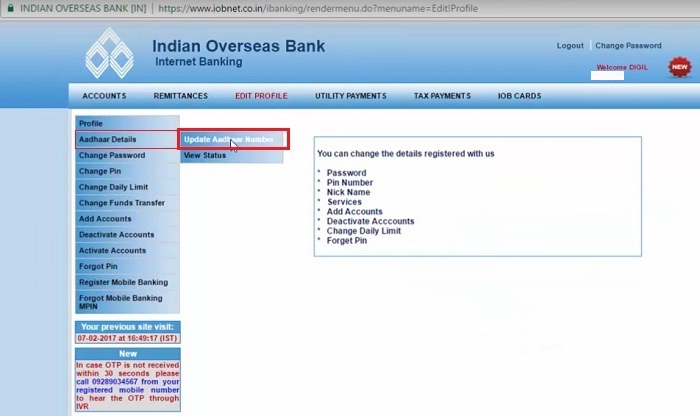 IOB Update Aadhar Details