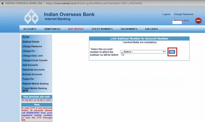 Link Aadhaar Number to IOB Account Number