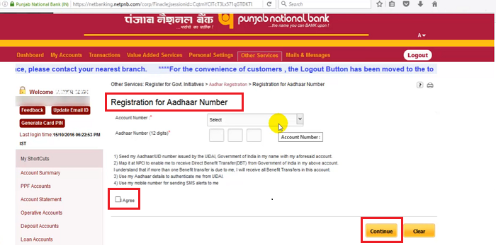 PNB Registration for Aadhaar Number