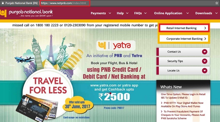 Punjab National Bank Internet Banking Page