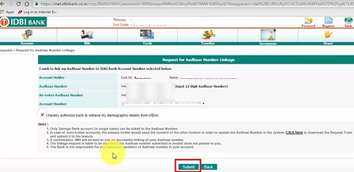 Request of Aadhaar Number Linkage with IDBI