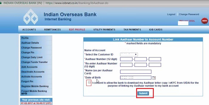 Updating Aadhar Number Details for IOB Account